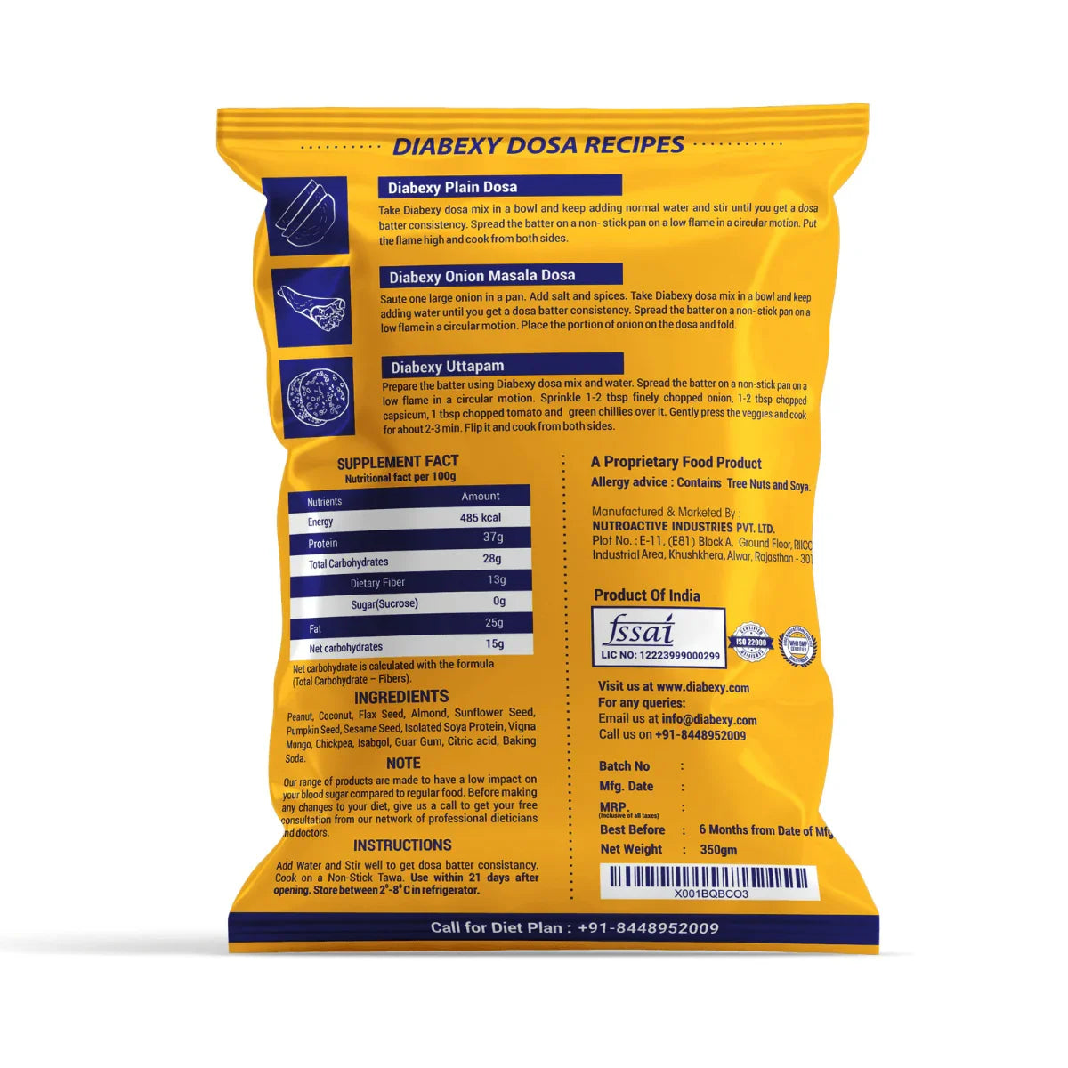 Ingredients and instructions of Diabexy Dosa Mix- 350 gm