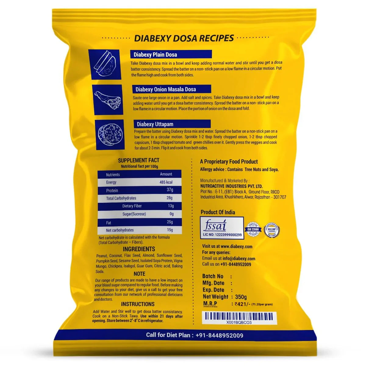 Diabexy dosa mix with nuts, seeds, low net carbs, and zero sugar for diabetic friendly breakfast, sugar free recipes, and low glycemic Indian meals.